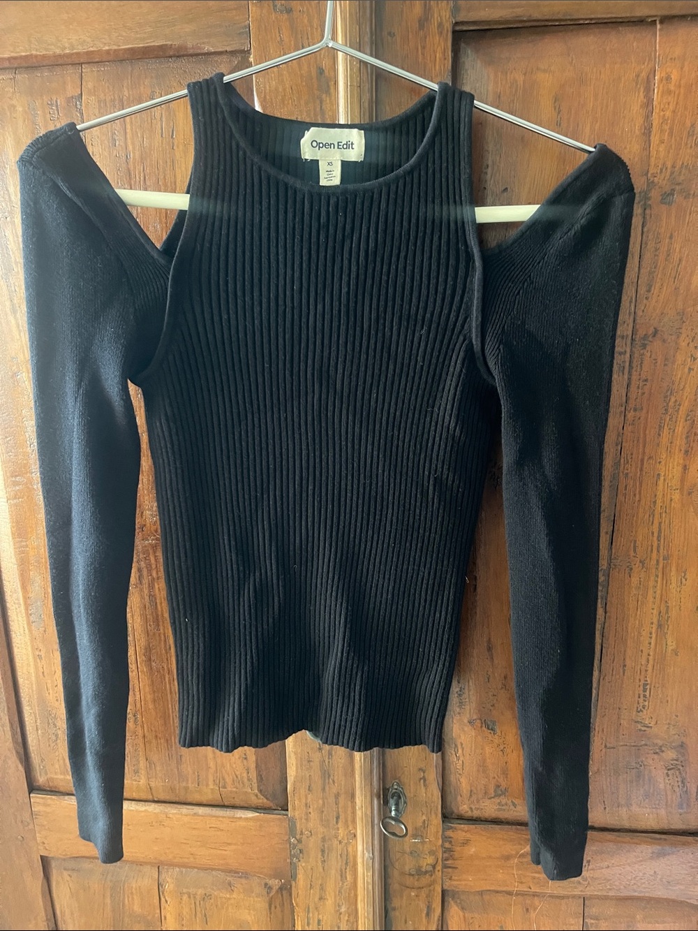 Open Edit Black Off-the-Shoulder Ribbed Sweater